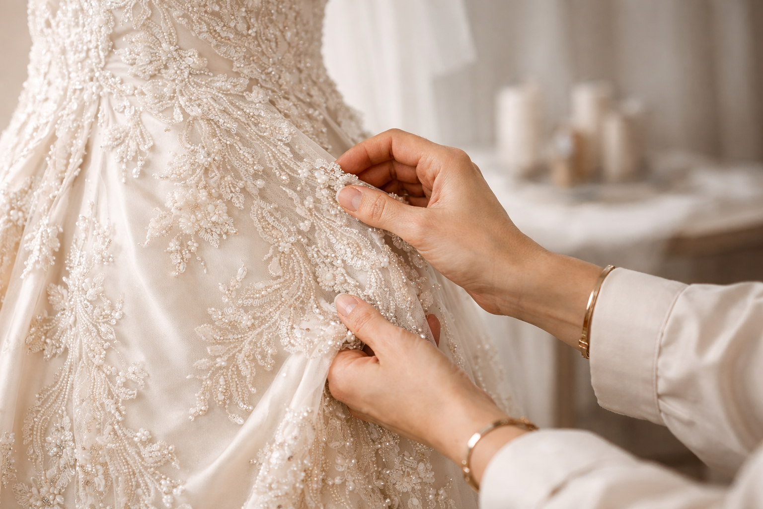 Vestido de noiva sendo restaurado em ambiente profissional