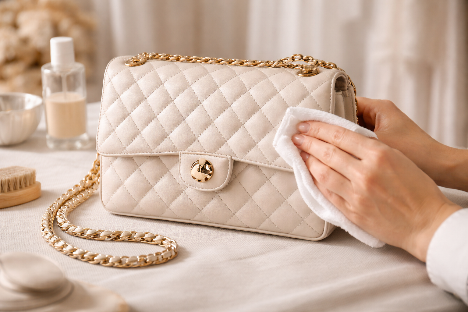 1920 x 1080 Ultra-realistic close-up of a luxury leather handbag being carefully cleaned by a specialist in a high-end atelier. Soft natural lighting, elegant neutral background, detailed leather texture visible, refined and premium atmosphere, no logos, no text.