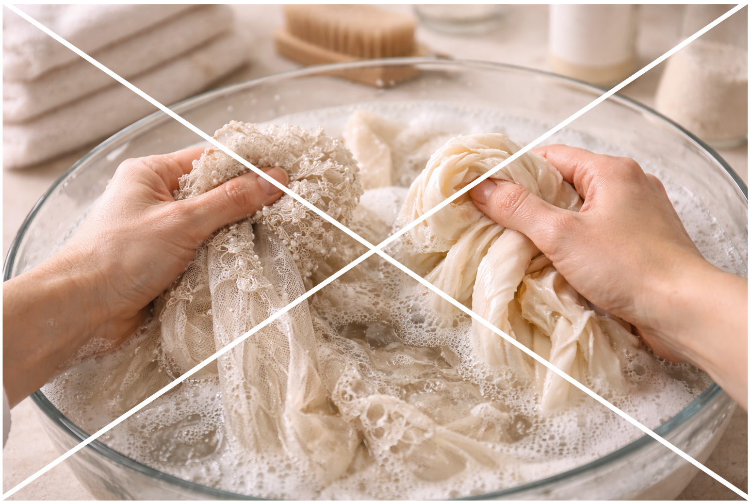 Peça delicada sendo danificada por lavagem inadequada